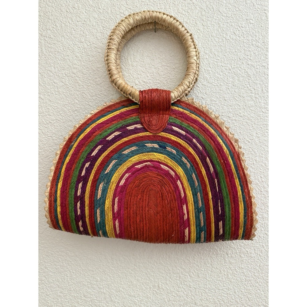 Hand Painted Rainbow Palm Straw Bag Half Circle Beach Tote Resort Beachy